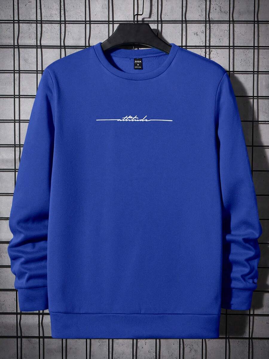 Manfinity VCAY 男士休闲字母印花圆领运动衫，秋冬 - 寶藍色 - 查看 1