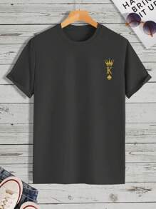 Manfinity Homme 男士皇冠和撲克牌圖案T恤 - 深灰色 - 查看 3