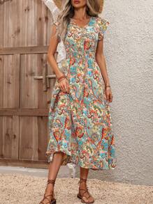 SHEIN VCAY Paisley Print Butterfly Sleeve Dress - Multicolor - View 4