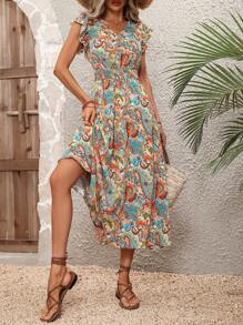 SHEIN VCAY Paisley Print Butterfly Sleeve Dress - Multicolor - View 5