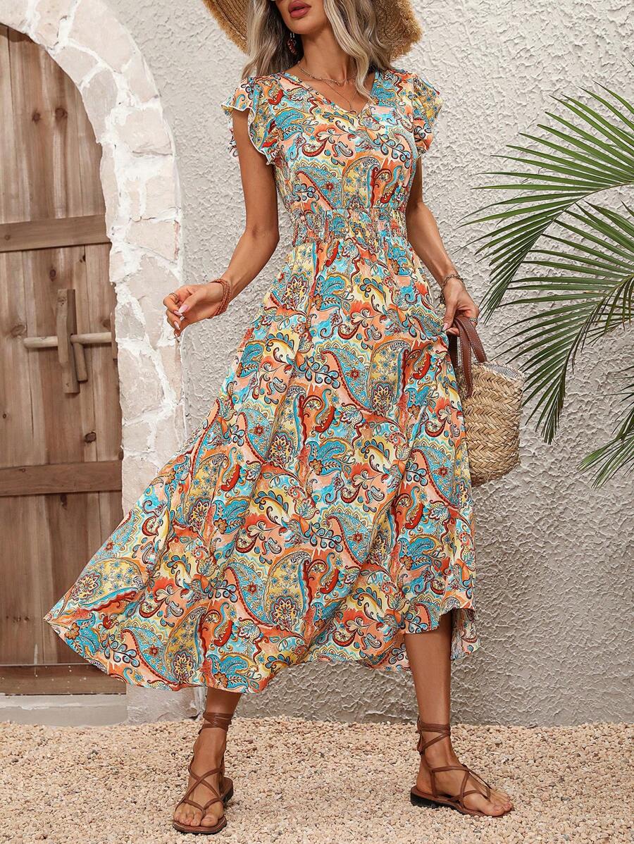 SHEIN VCAY Paisley Print Butterfly Sleeve Dress - Multicolor - View 1