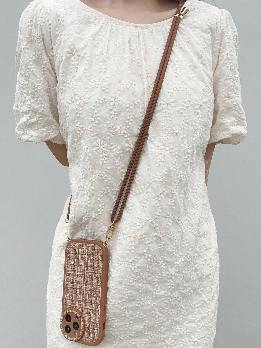 格紋圖案手機外殼附帶繩子 - 棕色 - 查看 1