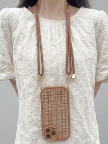 格紋圖案手機外殼附帶繩子 - 棕色 - 查看 2