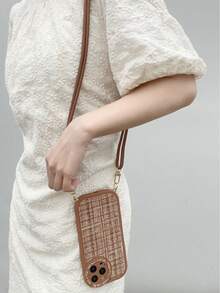 格紋圖案手機外殼附帶繩子 - 棕色 - 查看 4