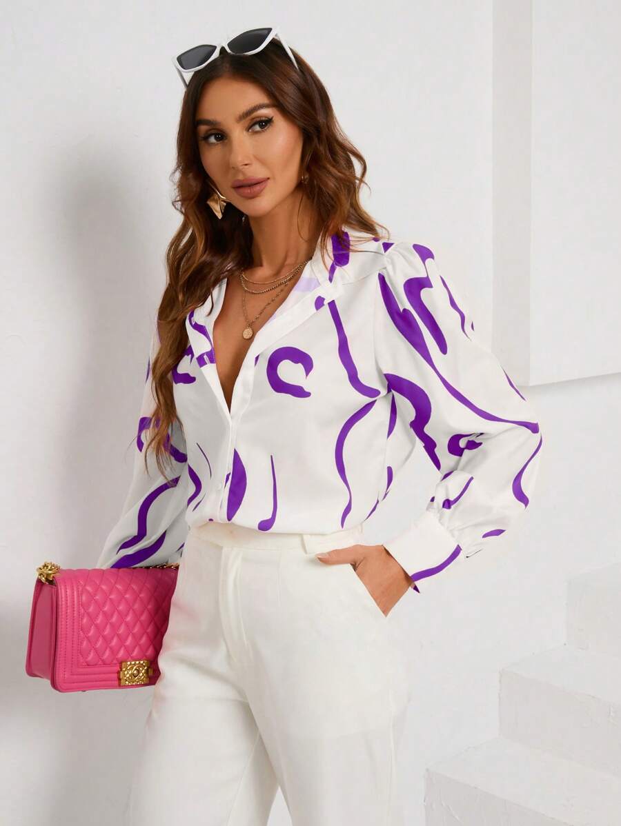 SHEIN BIZwear Graphic Print Button Front Shirt Workwear - White - View 1