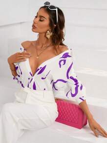 SHEIN BIZwear Graphic Print Button Front Shirt Workwear - White - View 4