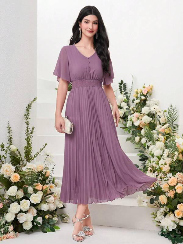 Modelyn Butterfly Sleeve Pleated Hem Dress Maxi Women Outfit Long Evening Dresses