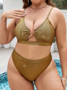 SHEIN Swim Curve 大尺碼環鏈比基尼套裝，適用於夏季海灘 - 金色 - 查看 1