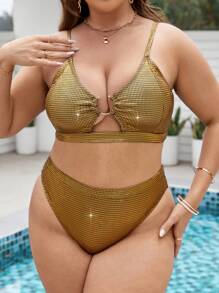 SHEIN Swim Curve 大尺碼環鏈比基尼套裝，適用於夏季海灘 - 金色 - 查看 3