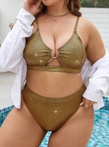 SHEIN Swim Curve 大尺碼環鏈比基尼套裝，適用於夏季海灘 - 金色 - 查看 5