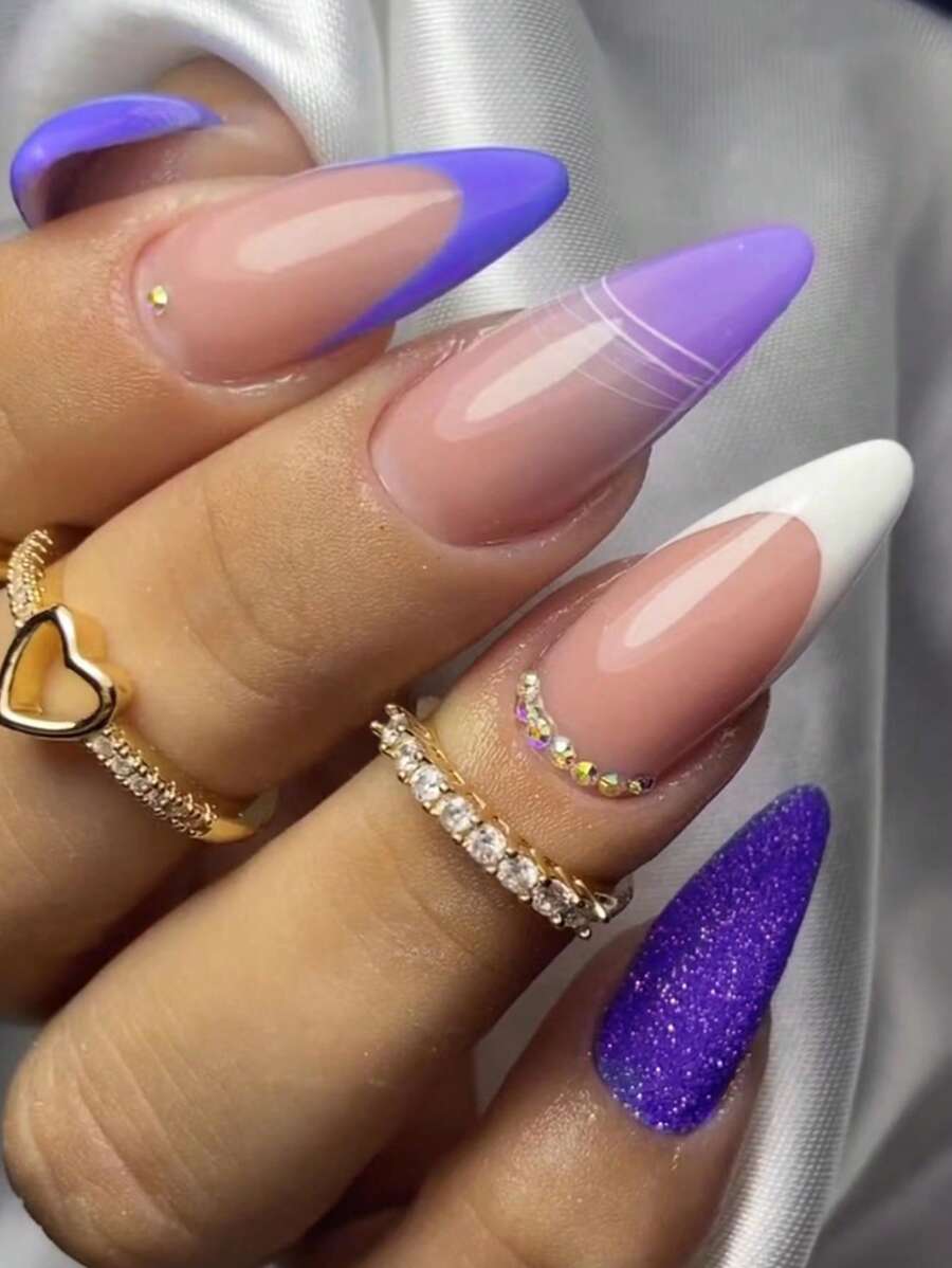 提升你風格帶24入組長款杏仁法式全覆蓋假指甲成套工具 - 彩色 - 查看 1