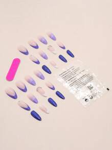 提升你風格帶24入組長款杏仁法式全覆蓋假指甲成套工具 - 彩色 - 查看 2