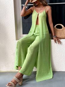 Breezaya Solid Split High Cami Top & Wide Leg Pants
