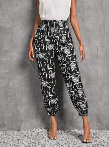 SHEIN LUNE Pantalones jogger con estampado de letra - Blanco y Negro - Ver 1