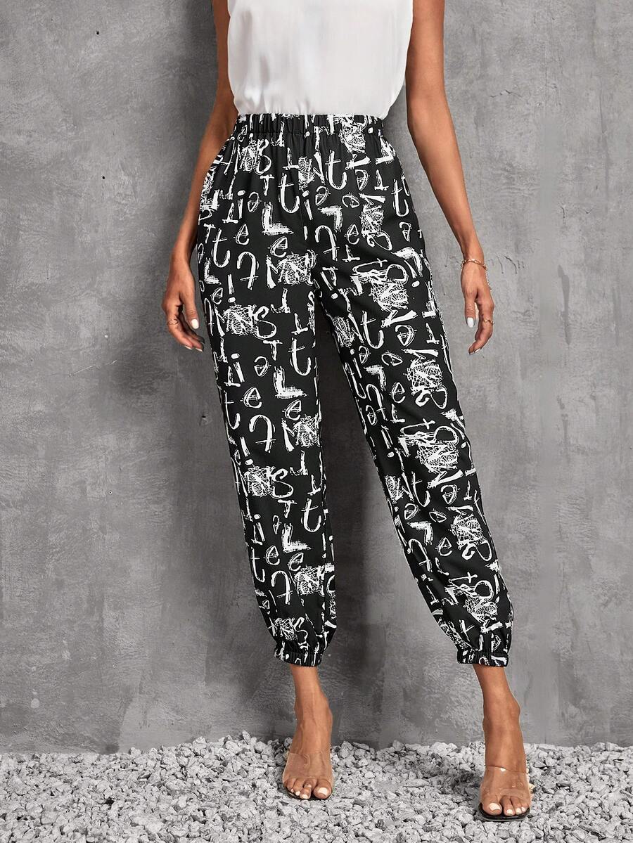 SHEIN LUNE Pantalones jogger con estampado de letra - Blanco y Negro - Ver 1