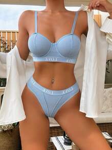 Conjunto deportivo de lencería con cable y cinta de letras - Azul - Ver 1