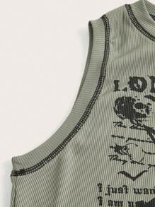 ROMWE Grunge Punk Skull & Letter Graphic Top-stitching Tank Top - Army Green - View 4