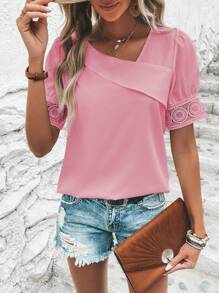 SHEIN Clasi Contrast Lace Puff Sleeve Asymmetrical Neck Blouse - Pink - View 1