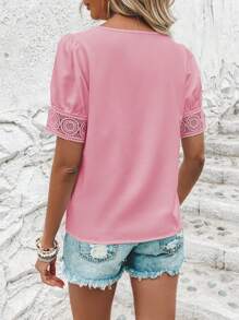 SHEIN Clasi Contrast Lace Puff Sleeve Asymmetrical Neck Blouse - Pink - View 2