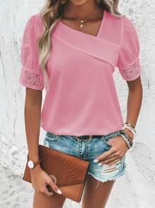 SHEIN Clasi Contrast Lace Puff Sleeve Asymmetrical Neck Blouse - Pink - View 3
