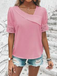SHEIN Clasi Contrast Lace Puff Sleeve Asymmetrical Neck Blouse - Pink - View 4