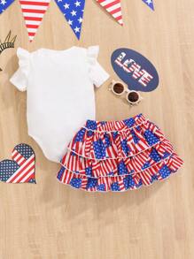 SHEIN 嬰兒蝴蝶結和字母圖案荷葉邊連身背心和國旗圖案半身裙 - 彩色 - 查看 2