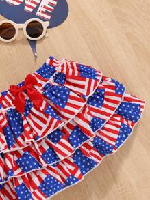 SHEIN 嬰兒蝴蝶結和字母圖案荷葉邊連身背心和國旗圖案半身裙 - 彩色 - 查看 5
