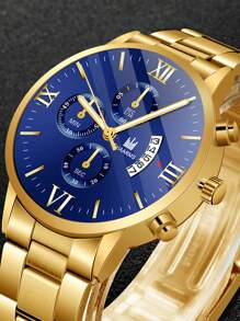 1 件男士金色不锈钢表带时尚圆形表盘石英表和 1 件链式手链，适合日常装饰，可作为返校学生的礼物 - 金色 - 查看 4