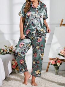 Plus Floral Print Contrast Piping Satin PJ Set - Multicolor - View 1
