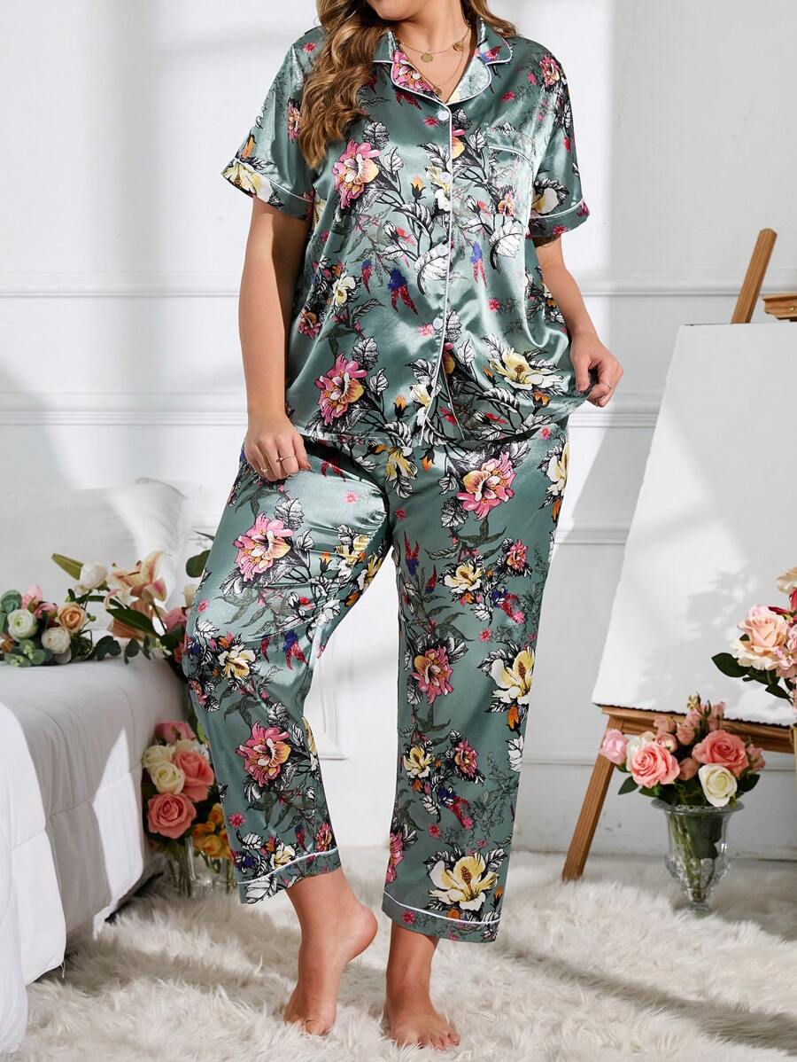 Plus Floral Print Contrast Piping Satin PJ Set - Multicolor - View 1