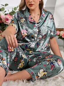 Plus Floral Print Contrast Piping Satin PJ Set - Multicolor - View 3