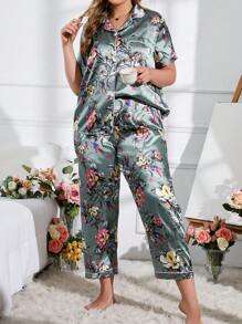 Plus Floral Print Contrast Piping Satin PJ Set - Multicolor - View 4