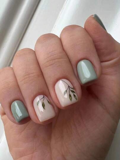 Eleve su estilo con kit de manicura de uñas postizas de cobertura completa de patrón de hojas en cuadrado corto de 24 piezas, suministros de uñas uñas falsas uña falsa uña acrílica