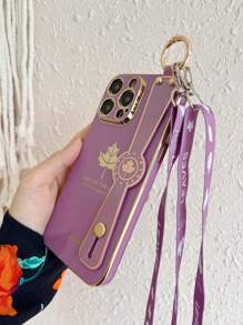 Leaf Pattern Phone Case With Wristband Holder & Lanyard - Purple - View 2