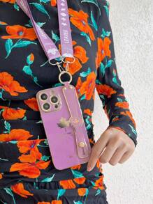 Leaf Pattern Phone Case With Wristband Holder & Lanyard - Purple - View 6