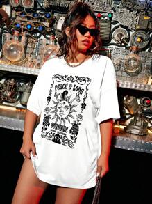 Flirla 大碼日月圖案落肩T恤 - 白色 - 查看 3