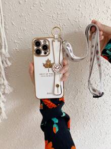 Ốp điện thoại họa tiết lá cây kèm dây đeo cổ tay và dây buộc, phiên bản quốc tế, không phải phiên bản nội địa. - trắng - Xem 4