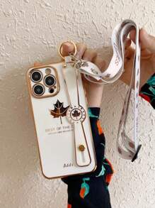 Ốp điện thoại họa tiết lá cây kèm dây đeo cổ tay và dây buộc, phiên bản quốc tế, không phải phiên bản nội địa. - trắng - Xem 5