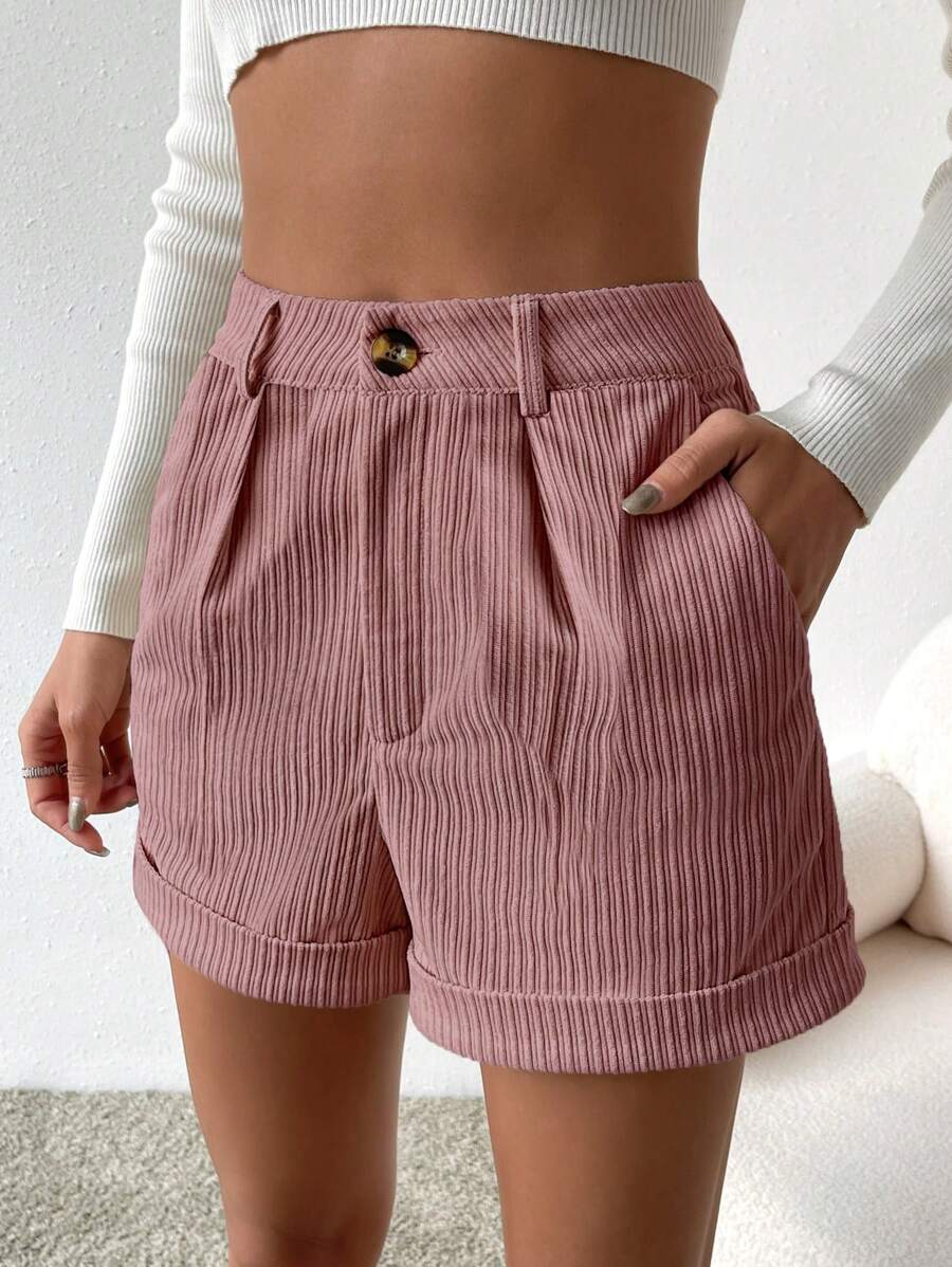 SHEIN Essnce 高腰斜口袋卷邊短褲 - 藕粉色 - 查看 1