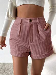 SHEIN Essnce 高腰斜口袋卷邊短褲 - 藕粉色 - 查看 4