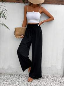 SHEIN Frenchy 紙袋腰前打結闊腿褲 - 黑色 - 查看 5