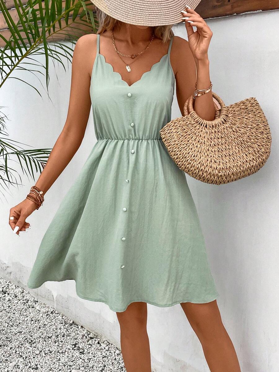 SHEIN Frenchy Của phụ nữ lột vỏ Cạnh Dây đeo Mì Ý  Đầm - màu xanh lá - Xem 1