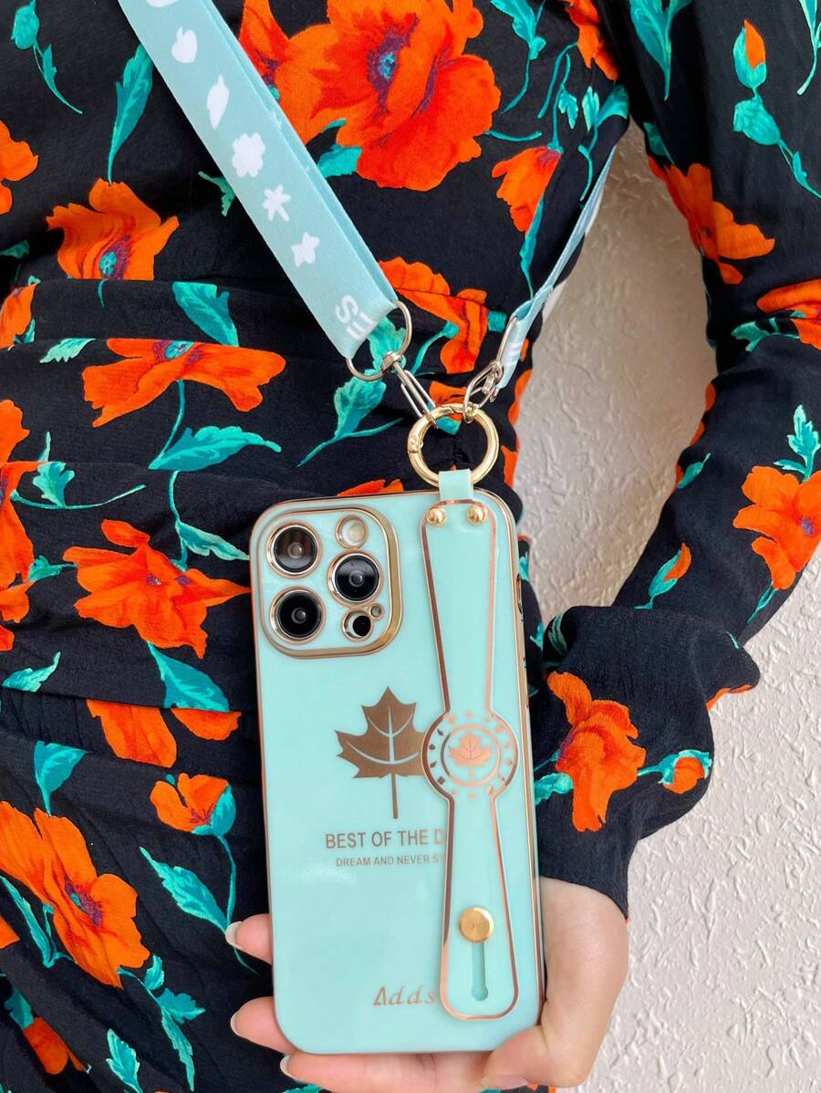 Vỏ điện thoại họa tiết lá có dây đeo cổ tay & dây buộc - màu xanh lá - Xem 1