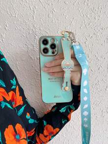 Vỏ điện thoại họa tiết lá có dây đeo cổ tay & dây buộc - màu xanh lá - Xem 3