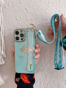 Vỏ điện thoại họa tiết lá có dây đeo cổ tay & dây buộc - màu xanh lá - Xem 4