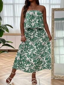 SHEIN Holidaya Plus Floral Print Tube Top & Skirt - Multicolor - View 3