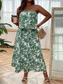 SHEIN Holidaya Plus Floral Print Tube Top & Skirt - Multicolor - View 4