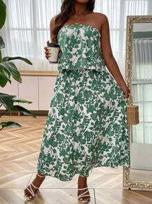 SHEIN Holidaya Plus Floral Print Tube Top & Skirt - Multicolor - View 5