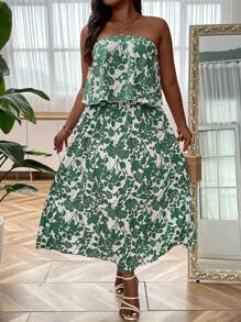 SHEIN Holidaya Plus Floral Print Tube Top & Skirt - Multicolor - View 1