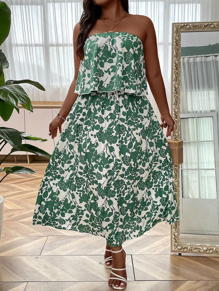 SHEIN Holidaya Plus Floral Print Tube Top & Skirt - Multicolor - View 1